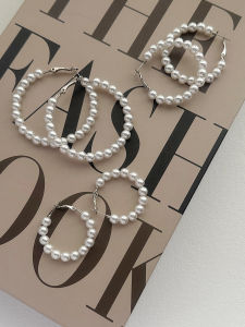 Exaggerated Pearl Earrings Womens Large Circle Fashionable Vintage High-Quality Ear Jewelry Elegant Trendy Clip-Ons