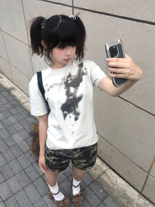 Pure Cotton Short Sleeve T-Shirt Womens Summer New Design round Neck Slimming Casual Versatile Top Trendy Ins Printed Graphic Tee