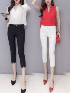 Black Seven-Foot Pants Womens Summer Thin New Casual Small Foot 7-Point Small Size Slit Suit Pants High Waist Cotton Blend