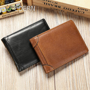 EDERN 2025 New Genuine Leather Mens Wallet RFID Anti-theft Brush Cowhide Wallet Retro Casual Short Wallet Money Clip Card Holder