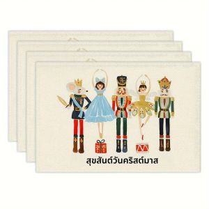 แผ่นรองจานนัทแครกเกอร์เทพนิยายคริสต์มาส 4 ชิ้น ของ VIKAMA สำหรับงานเลี้ยงคริสต์มาส งานสังสรรค์ครอบครัว ตกแต่งโต๊ะในวันหยุด