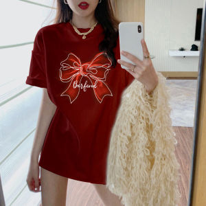 Áo Thun Tay Ngắn Dáng Rộng Cổ Bẻ in Họa Tiết Bướm Màu Đỏ Cho Nữ Mùa Xuân 2024 Áo Thun Cotton Nguyên Chất Dài Tay Dáng Rộng