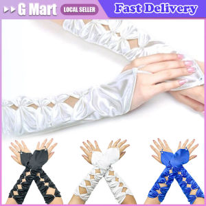 Arm Warmer Party Formal Gloves Hollow Bow Women Long Gloves Evening Dress Gloves Korean Style Full Finger Gloves Women Elegant Long Elastic Satin Pleated Bowknot Wedding Bridal Gloves Elbow Teal Fingerless Evening Party Prom Girl Gloves