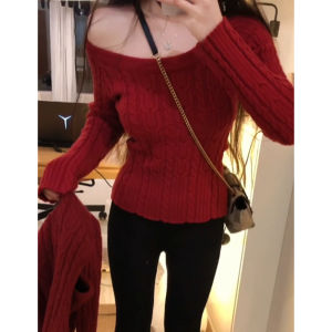 Red Twist Shoulder Sweater Womens Slim Fit Knitted Top for New Year Spring Autumn Fashion Commute Style Online Exclusive