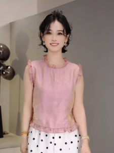 เสื้อเชิ้ตแขนสั้นผู้หญิงสีฟ้าสไตล์จีนฤดูร้อนปี 2025 ทรงหลวม สไตล์เรียบง่าย แขนกุด เสื้อเชิ้ตผู้หญิงคอโปโล