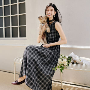 XIANGYING | Black Plaid Sleeveless Dress Womens A-Line Waisted Medium-Length Retro French Style