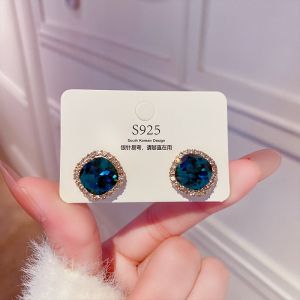 Bông Tai Hình Vuông Đính Đá Màu Xanh Dương Sang Trọng Bông Tai Cô Dâu Hợp Kim Pha Lê Màu Xanh Thời Trang Cho Nữ Bông Tai Đinh Tán Trang Sức