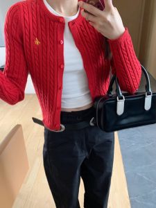 Red Knitted Short Sweater Cardigan Womens Fashion Autumn Spring Turn-down Collar Warm Thickened Breathable Cotton Inner