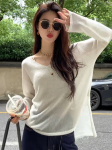 YUFUQING | Ladies Loose Long Sleeve Knitted Top With Slits And V-neck Early Autumn New Style Casual Comfortable Slimming Versatile Top