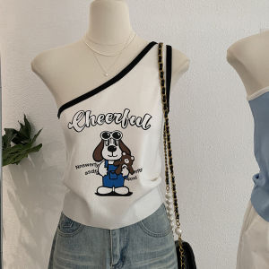 Áo Ba Lỗ Không Tay Ngắn Cổ Chữ V Dệt Kim Bằng Lụa Băng Pure Desires Hot Bé Gái in Hình Chú Chó Hoạt Hình Mùa Hè Ôm Vừa Vặn Hở Vai