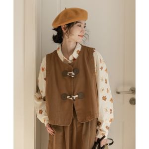 Retro Forest System Washed Cotton Button up Vest Heavy Industry Early Spring Womens Fashion Commute round Neck Short Pure Color