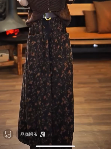 Deep Brown Floral Long Skirt Womens Loose Hip Covering A-Line Midi Skirt Fashionable High Waist Autumn New Style Elegant
