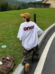 American Retro T-Shirt Mens Short Sleeve Printed Lettering Summer Five-Quarter Sleeve Heavyweight Cotton Casual Tee