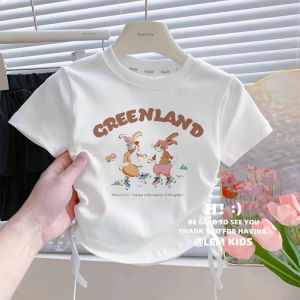 Cute Rabbit Print Ice Silk Short Sleeve T-Shirt Girls Fashion Slim Fit Fresh Drawstring Top Trendy Childrens Clothing