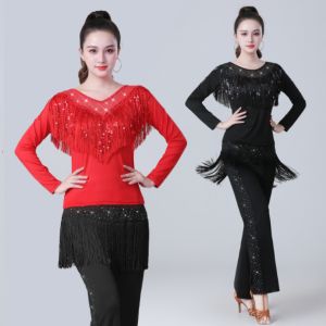 New Latin Dance Modern Dance Costume Long Sleeved Sequin Tassel Set Square Dance Performance Costume Half Body Short Skirt Set