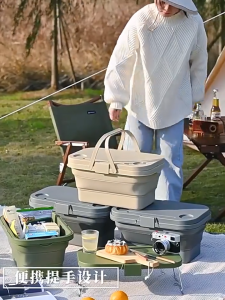 GetGadget⚙ 18L Multi-Functional Folding Picnic Basket with Lid and Handles - 3 in 1 Folding Picnic Basket Table Collapsible Tub Basket for Food & Outdoor Collapsible Basket for Camping