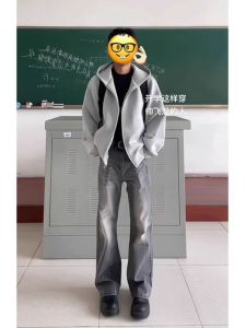Oversize Hooded Zipper Jacket Mens Thickened Fleece American Street Style Cardigan Sweater Autumn Winter Casual Youth Fashion