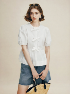 FAMANXUAN | Vintage White Bow Bell-sleeve Blouse Short Sleeve