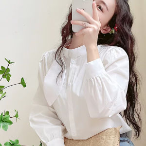 Elegant Blue Long Sleeve Womens Shirt Vintage Design Unique Style Commute Loose Fit Fiber Material Warmth Single Button Closure