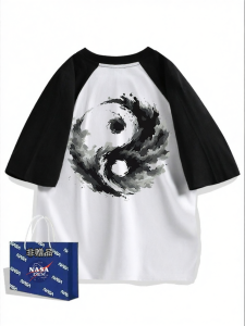 Printed Raglan Sleeve Pure Cotton Loose Splicing T-Shirt