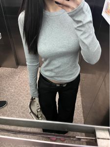 Gray Long Sleeve T-Shirt Womens Basic Slim Fit Pure Color Base Layer Trendy Inner Wear Commute Style Korean Version