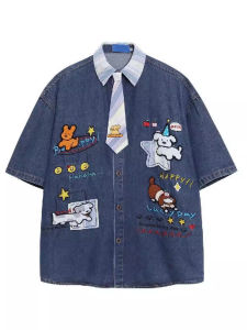 XIBAIYI | Casual Wide Loose Jeans Short Sleeve Shirt With Fun Dog Embroidery