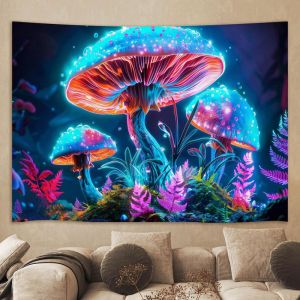 VIKAMA Blue Pink Neon Mushroom Wall Tapestry Dark Background Glowing Fungi Fern Plant Psychedelic Magic Trippy Fantasy Decor
