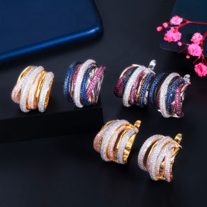 SEQUITO Luxury Mix Rose Yellow White Gold Plated Micro Pave Mutli Color CZ Zircon Hoop Earrings with Rings Women Banquet Jewelry Sets for Dancing Party SJ268