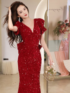 Red Toast Dress Bride Fancy Host Banquet Classy Light Luxury Minority Fishtail Engagement Wedding Dress