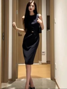 Elegant Black Dress Autumn Winter Powerful Presence Hepburn Style High Waist A-Line Skirt Casual High Quality Luxury Dress