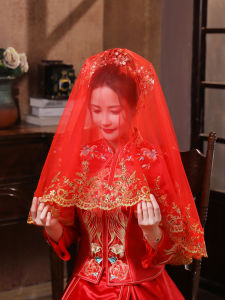 Red Lace Wedding Veil Chinese Style Bridal Headpiece High-End Sensation Soft Tulle Bridal Accessory for Brides