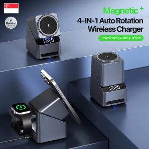 4 in 1 Magnetic Wireless Charger Stand With Digital Clock 180° Touch Auto Rotation Fast Charging Station