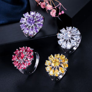 SEQUITO Delicate Women Crystal Flower Ring Paved Setting Purple Red Yellow White Cubic Zircon Stone Fashion Platinum Finger Jewelry for Birthday Party Dress Accessories SR096