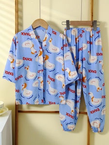 Summer Childrens Silk Pajamas Thin Home Clothes Set for Boys And Girls Air Conditioned Baby Cotton Silk Cartoon Suit
