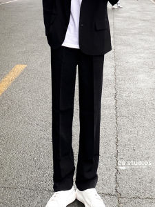 Fall Winter Mens Loose Straight Leg Casual Suit Pants High Waist Straight Cut Anti-Wrinkle Thickened Fleece Black Long Trousers