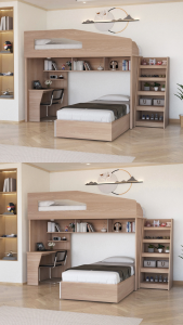 KIRANA Manhattan - Set Kamar Tidur Kayu Divan 90 x 200 Tingkat Susun Meja Belajar Rak Buku Minimalis