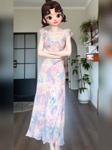 Xzy Plus Size Ladies French Monet Oil Painting Floral Strap Dress Female Summer Vacation Style Slimming Dress
