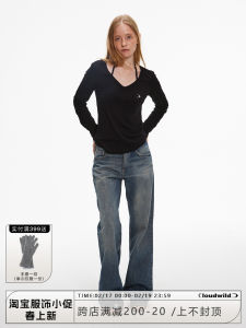 Classic Washed Cat Jeans Natural Waist Casual Pants Straight Leg Blue Denim Womens Autumn Fashion Casual Wear