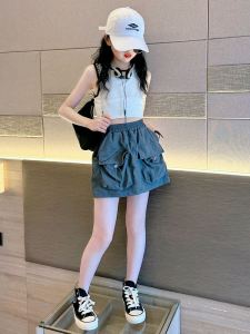 Casual Grey Workwear Mini Skirt for Girls Summer New Style Childrens Fashionable Trendy Half-length Skirts Age 6-14
