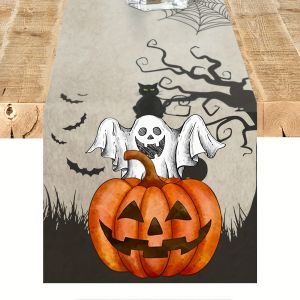 1Pc Halloween Ghost Theme Table Flag with Pumpkin and Black Cat Pattern Suitable for Party Restaurant Home Market Holiday Decoration Scene.