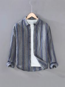 เสื้อเชิ้ตผู้ชายผ้าลินินฤดูร้อน แขนยาว ลายทาง ทรงหลวม ระบายอากาศได้ดี ทรงหลวม แขนยาว ปกติ กระดุม