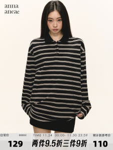 Anna Aneae Womens Loose Fit Long Sleeve Polo Neck T-Shirt Autumn Winter New Style Casual Comfortable Black Striped Top