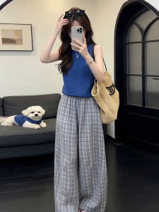 ZHENMANZI | Summer Stylish Korean Outfit Petite Blue Vest Plaid Pants Set