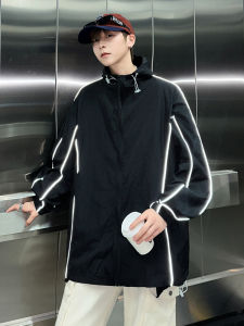 Summer Thin Hooded Mens Jacket Sporty Loose Fit Reflective Strip Anti-UV Casual Outerwear Zipper Closure Long Sleeve Youth Trend