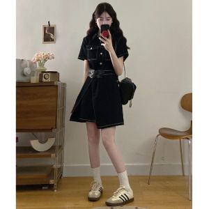RELNLEX | Đầm Jean Đen Phong Cách Cổ Điển Mùa Hè Dành Cho Size Lớn Dây Nịt Eo Giảm Béo