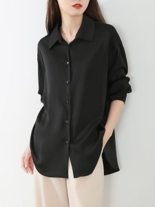 Spring Autumn Womens Long Sleeve Chiffon Blouse Drapey Luxury Feel Loose Fit Polo Collar Shirt Korean Style Straight Cut