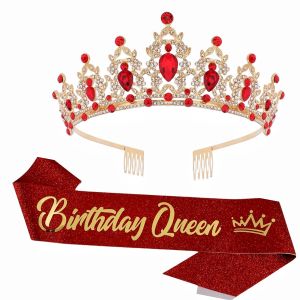 Baroque Rhinestones Birthday Queen Sash Ribbon Crown Tiara Headbands Sash with Pin Happy Birthday Party For Women And Girl