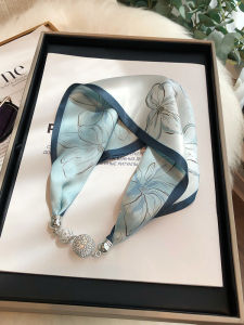 100% Silk Scarf Womens New 2025 Magnetic Clasp Necklace Pendant Autumn Winter Versatile Light Blue Mulberry Silk Small Scarf