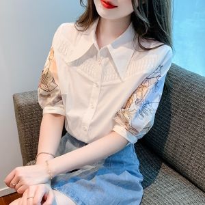 WANGGONGZHU | Summer Floral Print Short Sleeve Shirt Womens Fashionable Elegant Design Unique Korean Style POLO Collar Button Up Loose Fit