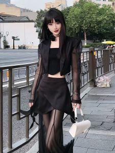 Womens Short Outerwear Top Bottom Set Hollow out Waist Tie Shoulder Pad Pure Desire Summer Fashion Mesh Splicing Pants
